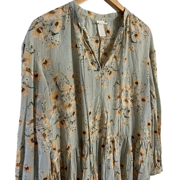 H&M Dress Size 2 Floral Sage Green Yellow Oversized Fit Long Balloon Sleeve Thin - Picture 4 of 7